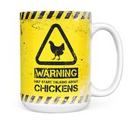 Mug Monster - Warning May Start Talking About Chickens Funny Gift Mug - Ceramic Coffee Cup, Gift for Men or Women, Extra Large and Giant Available, 15oz White