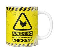 Mug Monster - Warning May Start Talking About Chickens Funny Gift Mug - Ceramic Coffee Cup, Gift for Men or Women, Extra Large and Giant Available, 11oz White