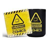 Mug Monster - Warning May Start Talking About Comics Funny Gift Mug - Ceramic Coffee Cup, Gift for Men or Women, Extra Large and Giant Available, 15oz Black & Coaster