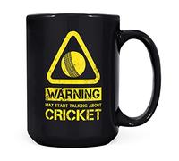 Mug Monster - Warning May Start Talking About Cricket Funny Gift Mug - Ceramic Coffee Mug/Cup, Gift for Men or Women, Extra Large and Giant Mug Available, 15oz Black Mug
