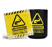 Mug Monster - Warning May Start Talking About Crocodiles Funny Gift Mug - Ceramic Coffee Cup, Gift for Men or Women, Extra Large and Giant Available, 15oz Black & Coaster