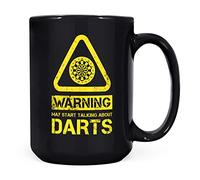Mug Monster - Warning May Start Talking About Darts Funny Gift Mug - Ceramic Coffee Cup, Gift for Men or Women, Extra Large and Giant Available, 15oz Black