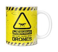 Mug Monster - Warning May Start Talking About Drones Funny Gift Mug - Ceramic Coffee Cup, Gift for Men or Women, Extra Large and Giant Available, 20oz White