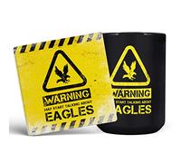 Mug Monster - Warning May Start Talking About Eagles Funny Gift Mug - Ceramic Coffee Cup, Gift for Men or Women, Extra Large and Giant Available, 15oz Black & Coaster