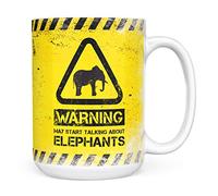 Mug Monster - Warning May Start Talking About Elephants Funny Gift Mug - Ceramic Coffee Cup, Gift for Men or Women, Extra Large and Giant Available, 15oz White