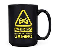 Mug Monster - Warning May Start Talking About Gaming Funny Gift Mug - Ceramic Coffee Cup, Gift for Men or Women, Extra Large and Giant Available, 15oz Black