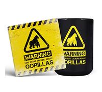 Mug Monster - Warning May Start Talking About Gorillas Funny Gift Mug - Ceramic Coffee Cup, Gift for Men or Women, Extra Large and Giant Available, 15oz Black & Coaster