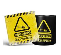 Mug Monster - Warning May Start Talking About Helicopters Funny Gift Mug - Ceramic Coffee Cup, Gift for Men or Women, Extra Large and Giant Available, 11oz Black & Coaster