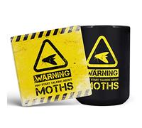 Mug Monster - Warning May Start Talking About Moths Funny Gift Mug - Ceramic Coffee Cup, Gift for Men or Women, Extra Large and Giant Available, 15oz Black & Coaster