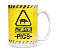 Mug Monster - Warning May Start Talking About Pigs Funny Gift Mug - Ceramic Coffee Cup, Gift for Men or Women, Extra Large and Giant Available, 15oz White