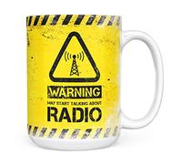 Mug Monster - Warning May Start Talking About Radio Funny Gift Mug - Ceramic Coffee Cup, Gift for Men or Women, Extra Large and Giant Available, 15oz White