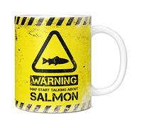 Mug Monster - Warning May Start Talking About Salmon Funny Gift Mug - Ceramic Coffee Mug/Cup, Gift for Men or Women, Extra Large and Giant Mug Available, 11oz White Mug