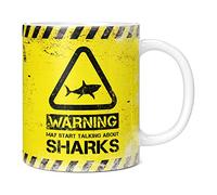 Mug Monster - Warning May Start Talking About Sharks Funny Gift Mug - Ceramic Coffee Cup, Gift for Men or Women, Extra Large and Giant Available, 20oz White