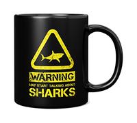 Mug Monster - Warning May Start Talking About Sharks Funny Gift Mug - Ceramic Coffee Cup, Gift for Men or Women, Extra Large and Giant Available, 11oz Black