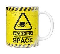Mug Monster - Warning May Start Talking About Space Funny Gift Mug - Ceramic Coffee Cup, Gift for Men or Women, Extra Large and Giant Available, 11oz White