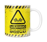 Mug Monster - Warning May Start Talking About Speedway Funny Gift Mug - Ceramic Coffee Cup, Gift for Men or Women, Extra Large and Giant Available, 11oz White