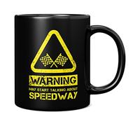 Mug Monster - Warning May Start Talking About Speedway Funny Gift Mug - Ceramic Coffee Mug/Cup, Gift for Men or Women, Extra Large and Giant Mug Available, 11oz Black Mug