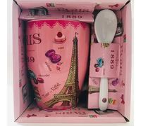 Mug Paris Eiffel Tower and other monuments of Paris - Macaroons of Paris Design - Medium 10.5 cm with a Spoon - Bright Pink - Glossy Look