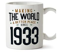 MUGFFINS 1933 Birthday Mug - in English - Making The World a Better Place - Funny Anniversary Present - 11 oz
