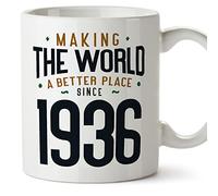 MUGFFINS 1936 Birthday Mug - in English - Making The World a Better Place - Funny Anniversary Present - 11 oz