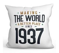 MUGFFINS 1937 Birthday Pillow Cushion Padding included - in English - Making the World a Better Place - Funny Anniversary Present - 15.7x15.7 inches