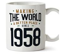 MUGFFINS 1958 Birthday Mug - in English - Making The World a Better Place - Funny Anniversary Present - 11 oz