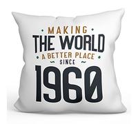 MUGFFINS 1960 Birthday Pillow Cushion Padding included - in English - Making the World a Better Place - Funny Anniversary Present - 15.7x15.7 inches
