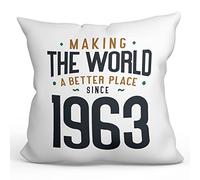 MUGFFINS 1963 Birthday Pillow Cushion Padding included - in English - Making the World a Better Place - Funny Anniversary Present - 15.7x15.7 inches