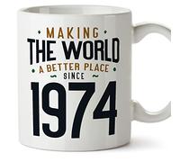 MUGFFINS 1974 Birthday Mug - in English - Making The World a Better Place - Funny Anniversary Present - 11 oz