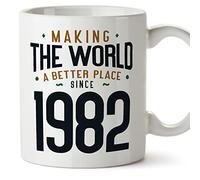 MUGFFINS 1982 Birthday Mug - in English - Making The World a Better Place - Funny Anniversary Present - 11 oz