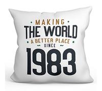 MUGFFINS 1983 Birthday Pillow Cushion Padding included - in English - Making the World a Better Place - Funny Anniversary Present - 15.7x15.7 inches