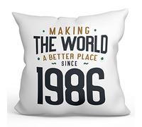 MUGFFINS 1986 Birthday Pillow Cushion Padding included - in English - Making the World a Better Place - Funny Anniversary Present - 15.7x15.7 inches