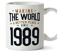 MUGFFINS 1989 Birthday Mug - in English - Making The World a Better Place - Funny Anniversary Present - 11 oz