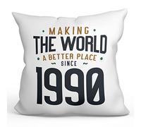 MUGFFINS 1990 Birthday Pillow Cushion Padding included - in English - Making the World a Better Place - Funny Anniversary Present - 15.7x15.7 inches