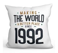 MUGFFINS 1992 Birthday Pillow Cushion Padding included - in English - Making the World a Better Place - Funny Anniversary Present - 15.7x15.7 inches