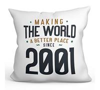 MUGFFINS 2001 Birthday Pillow Cushion Padding included - in English - Making the World a Better Place - Funny Anniversary Present - 15.7x15.7 inches