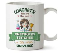 MUGFFINS Chemistry Teacher Woman Mug - in English - Best in Universe Trophy - Funny Gift for Colleagues - Ceramic 11oz Mug