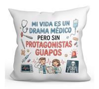 MUGFFINS Cushion with filling and phrase Mi vida es un drama médico pero sin protagonistas guapos in Spanish | 40x40cm polyester | gift idea for doctors, nurses, carers | sanitarios v3