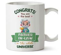 MUGFFINS Father in-Law Mug - in English - Best in Universe Trophy - Funny Gift - Ceramic 11oz Mug