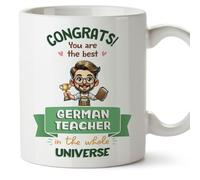 MUGFFINS German Teacher Man Mug - in English - Best in Universe Trophy - Funny Gift for Colleagues - Ceramic 11oz Mug