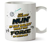 MUGFFINS Nun Woman Mug - in English - Best in The Galaxy The Force is with Me - Funny Gift for Colleagues - Ceramic 11oz Mug