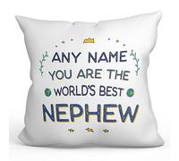 MUGFFINS Personalised Cushion for NEPHEW Padding included - in English - World's Best - Funny custom gift - Pillow: cover and filling 15.7x15.7 inches