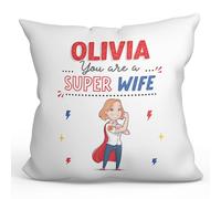 MUGFFINS Personalised Cushion for WIFE Padding included - in English - You are Super! - Funny custom gift - Pillow: cover and filling 15.7x15.7 inches