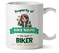 MUGFFINS Personalised Mug for Biker Woman - in English - Property of - Funny Custom Gift for Colleagues - Ceramic 11oz Mug