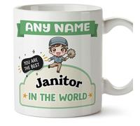 MUGFFINS Personalised Mug for Janitor Man - in English - Best in The World - Kawaii - Funny Custom Gift for Colleagues - Ceramic 11oz Mug