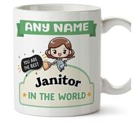MUGFFINS Personalised Mug for Janitor Woman - in English - Best in The World - Kawaii - Funny Custom Gift for Colleagues - Ceramic 11oz Mug