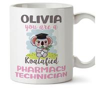 MUGFFINS Personalised Mug for Pharmacy Technician Woman - in English - Custom Koalafied - Funny Custom Gift for Colleagues - Ceramic 11oz Mug