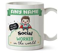 MUGFFINS Personalised Mug for Social Worker Man - in English - Best in The World - Kawaii - Funny Custom Gift for Colleagues - Ceramic 11oz Mug