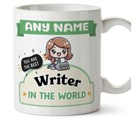 MUGFFINS Personalised Mug for Writer Woman - in English - Best in The World - Kawaii - Funny Custom Gift for Colleagues - Ceramic 11oz Mug