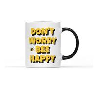 MuggLife Don't Worry Bee Happy Mug - Inspirational Quote Ideal Fun Bright Ideal Christmas Birthday Gift Present Heavy Duty Ceramic Handle Coated Dishwasher Microwave Safe (Black Handle)
